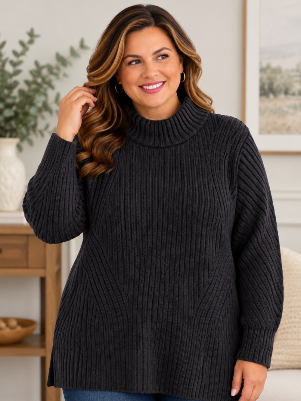 Lands’ End 2X Black Ribbed Turtleneck Sweater Tunic Plus Size